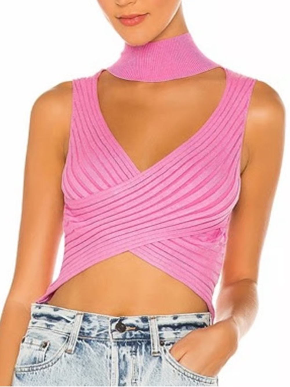 Superdown iRbbed Wrap Crop Top with Choker Neck